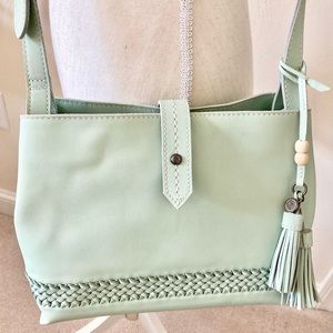 The Sak Mint Green Leather Bucket Crossbody Woven Pattern Border NWOT